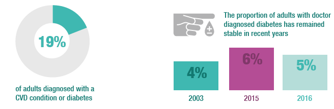 19% of adults diagnosed with a CVD condition or diabetes - The proportion of adults with doctor diagnosed diabetes has remained stable in recent years 4% 2003, 6% 2015 5% 2016