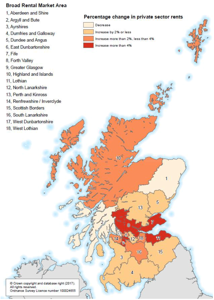 Figure A: Change in average (mean) rents for 2 bedroom properties between 2016 and 2017.