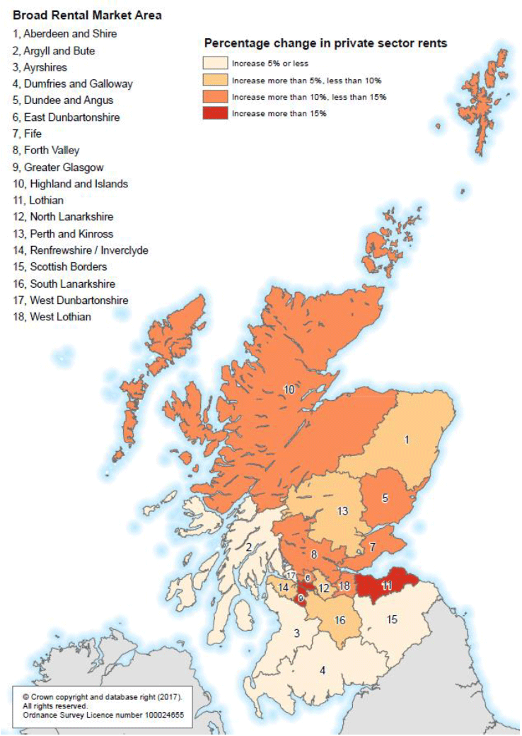 Figure B: Percentage change in average (mean) rents for 2 bedroom properties between 2010 and 2017.