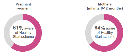 Figure 8.1: Were you aware of the Healthy Start scheme before reading the description in this survey? (Percentage of respondents who indicated that they were aware of the scheme. Excludes antenatal respondents who had already given birth).