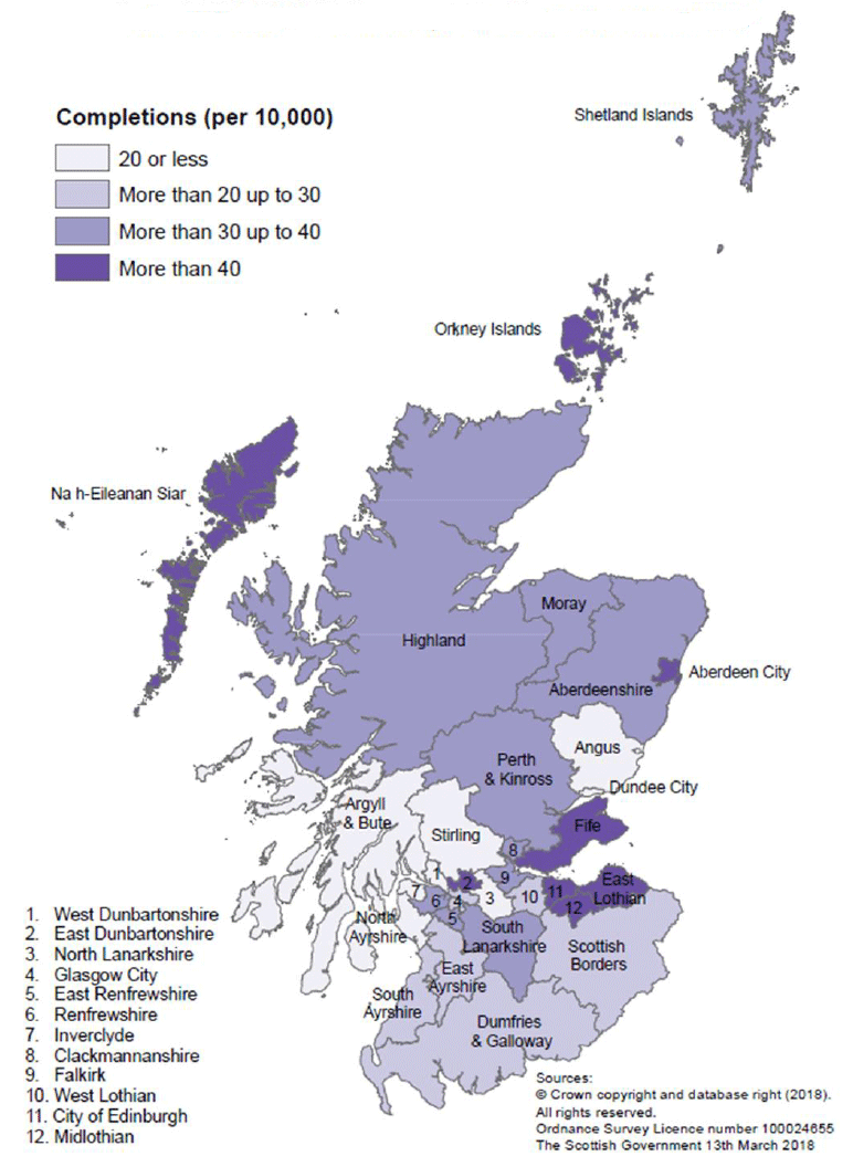 Map A: New build housing – all sector completions: rates per 10,000 population, year to end September 2017