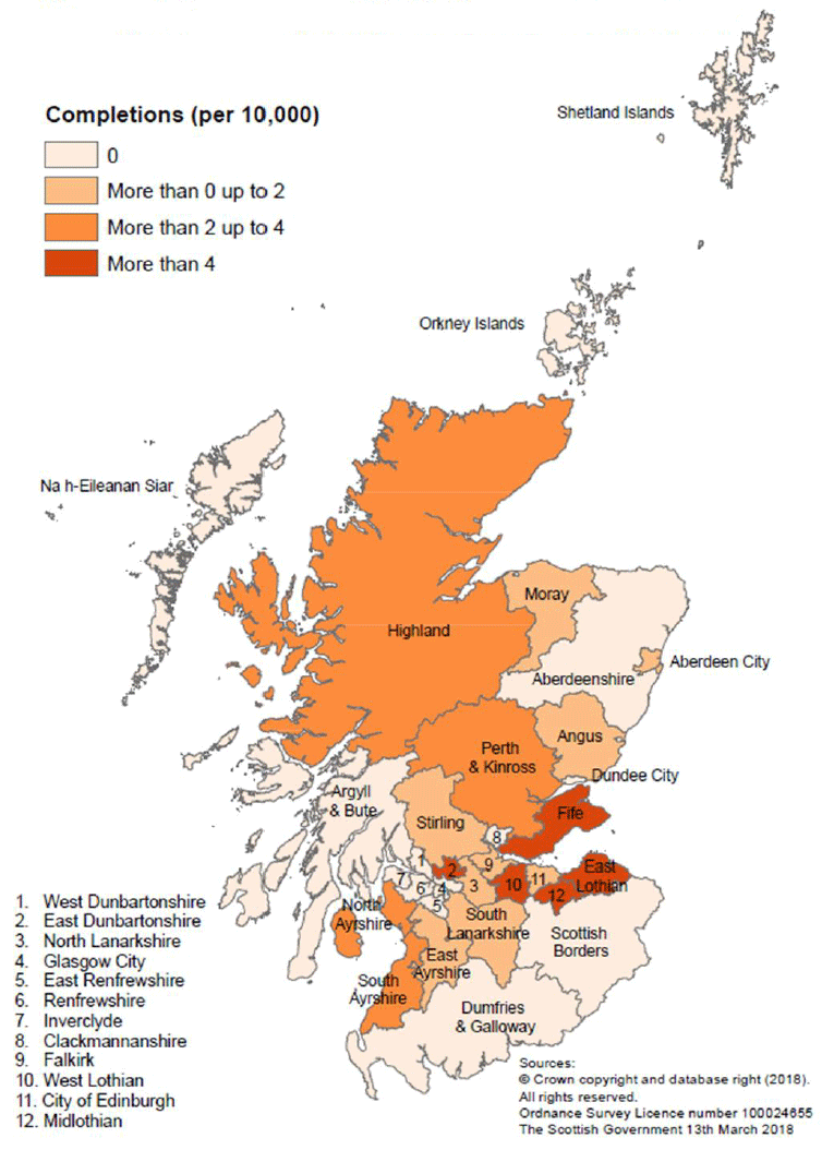 Map D: New build housing - local authority sector completions: rates per 10,000 population, year to end September 2017