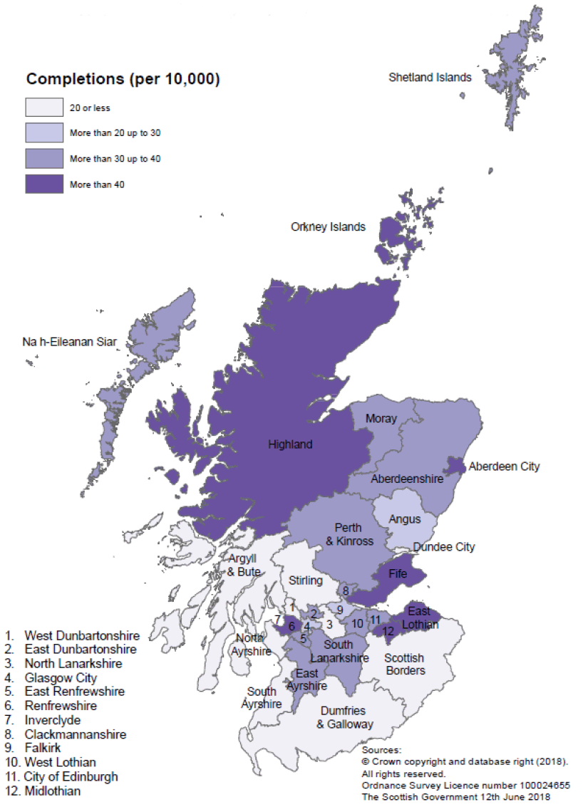 Map A: New build housing - all sector completions: rates per 10,000 population, year to end December 2017