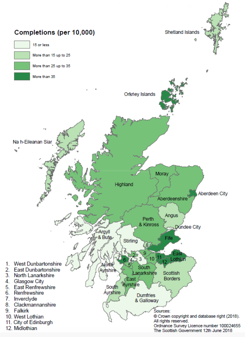 Map B: New build housing - private sector completions: rates per 10,000 population, year to end December 2017