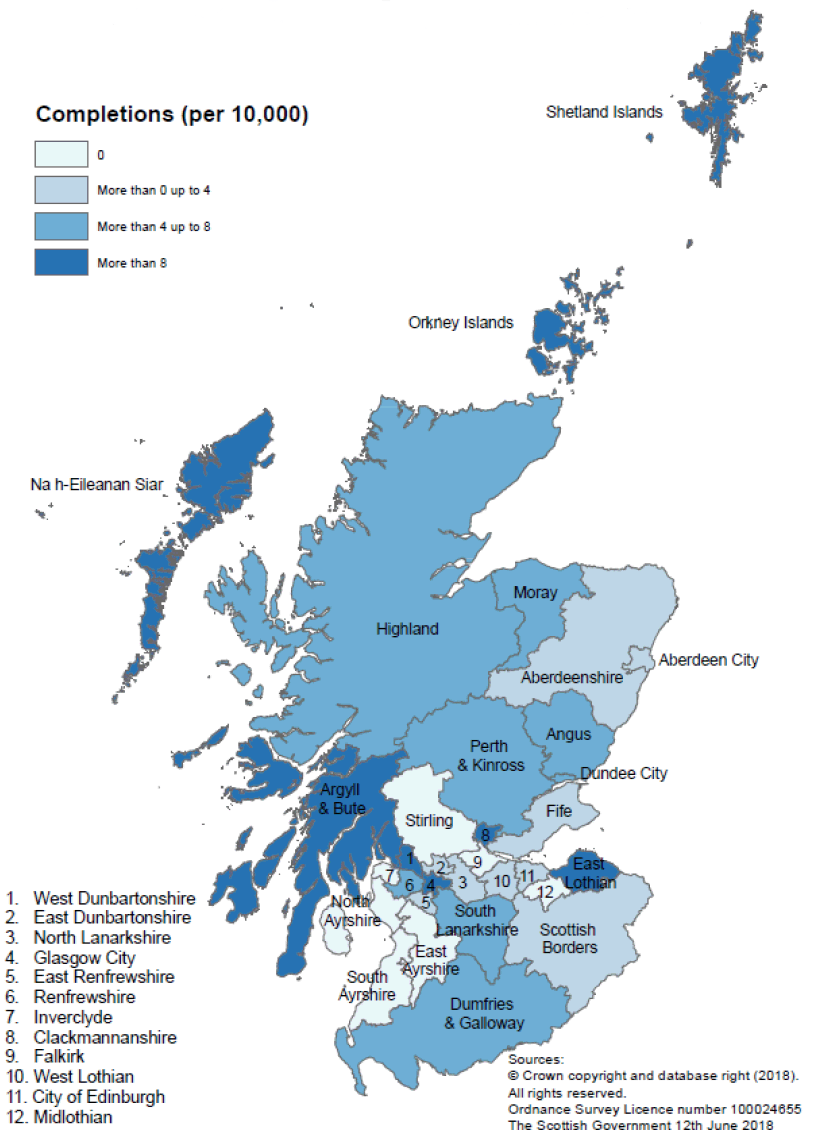 Map C: New build housing - Housing Association sector completions: rates per 10,000 population, year to end December 2017