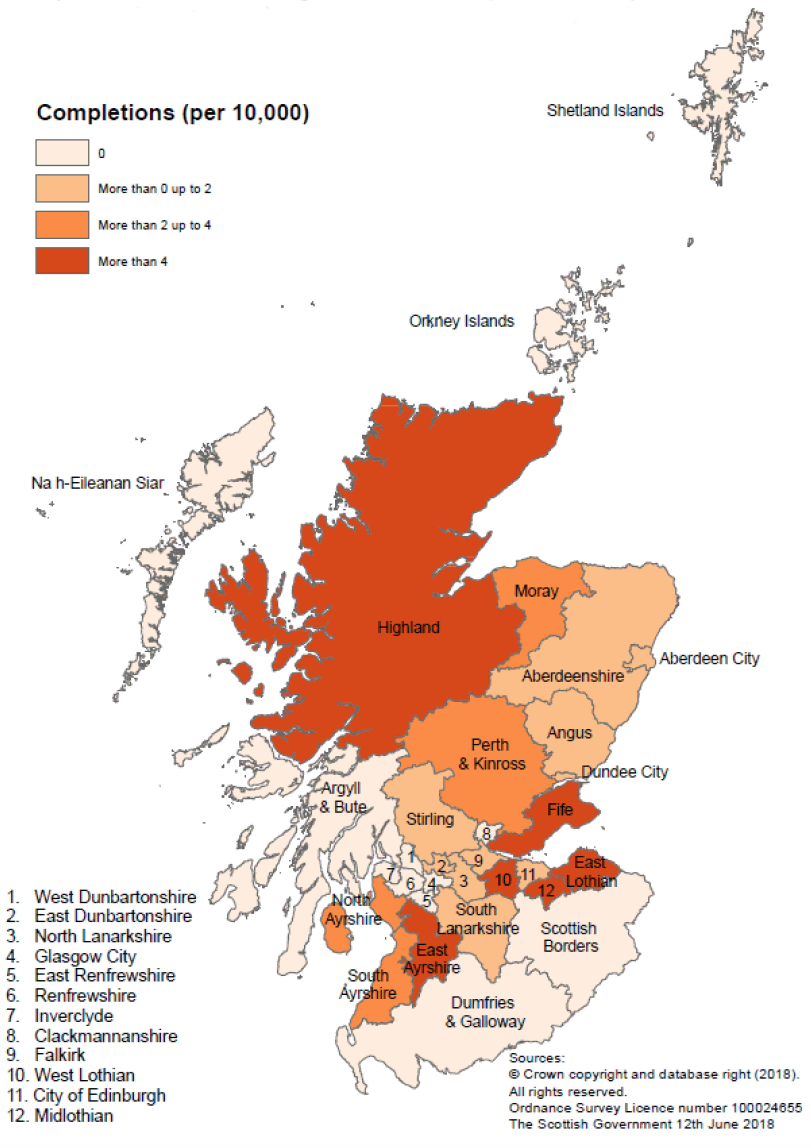Map D: New build housing - Local Authority sector completions : rates per 10,000 population, year to end December 2017