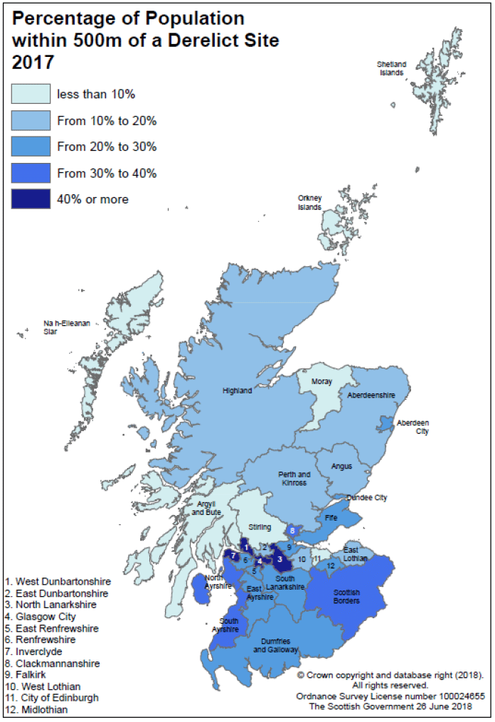 Map 1: Percentage of population within 500 metres of a Derelict Site, 2017