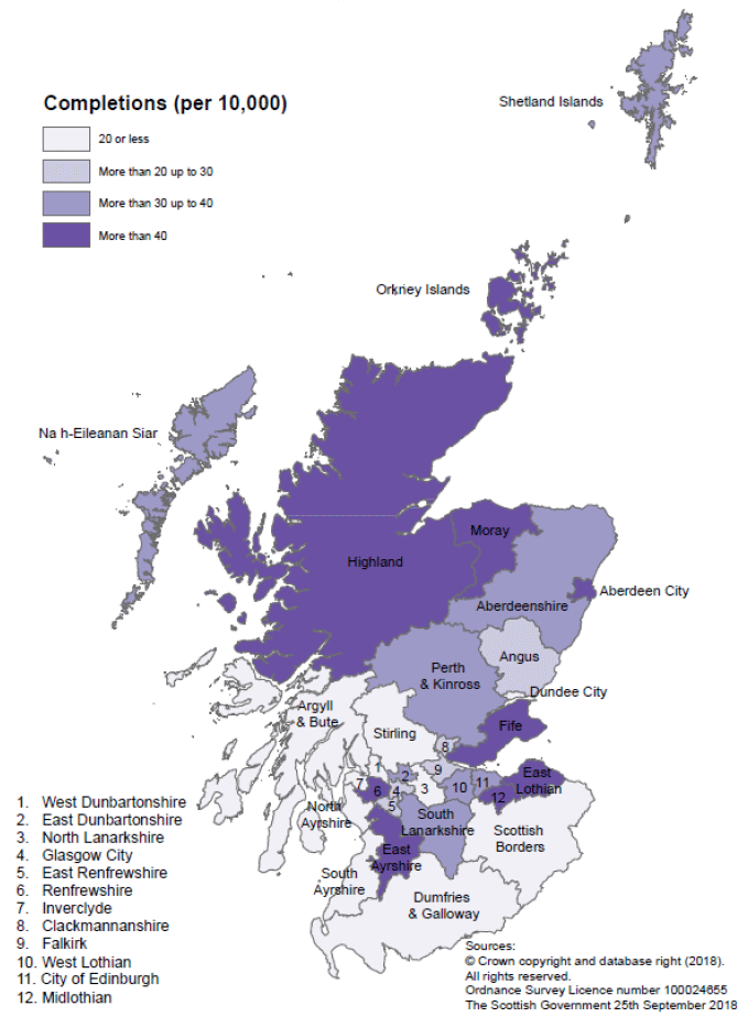 Map A: New house building - All sectors completions: rates per 10.000 population, years to end March 2018
