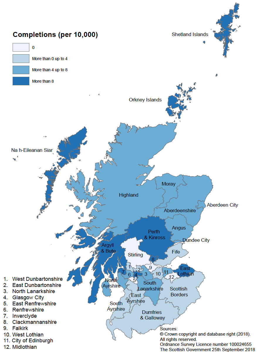 Map C: New build housing - Housing Association sector completions: rates per 10,000 population, year to end March 2018