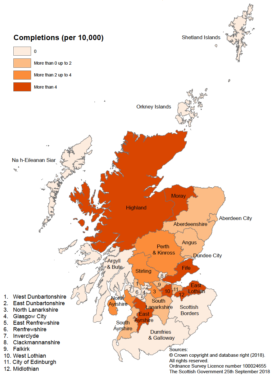 Map D: New build housing - Local Authority sector completions: rates per 10,000 population, year to end March 2018