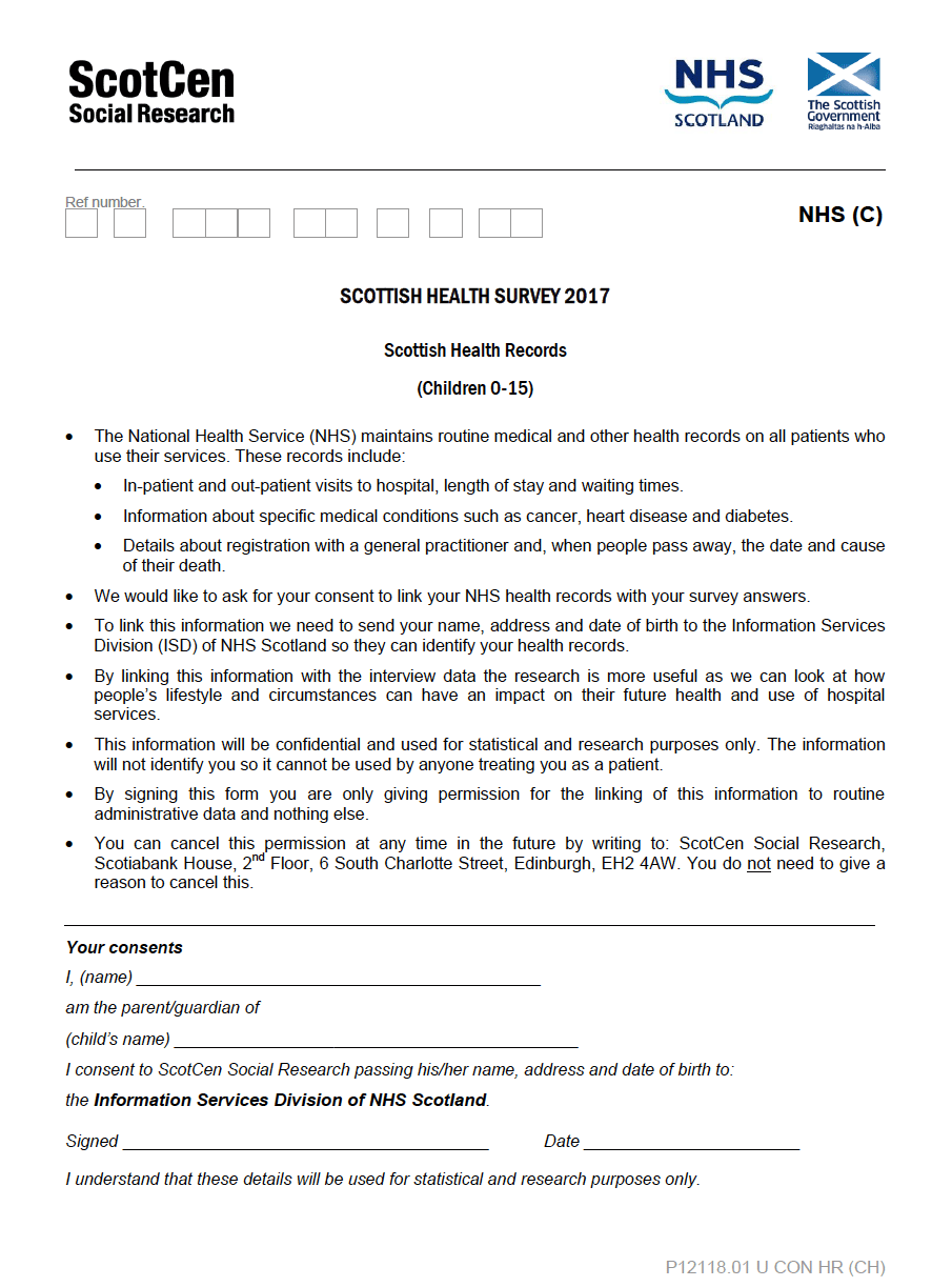 NHS record linkage consent form (Child)