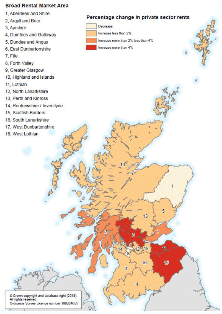 Figure A: Change in average (mean) rents for 2 bedroom properties between 2017 and 2018