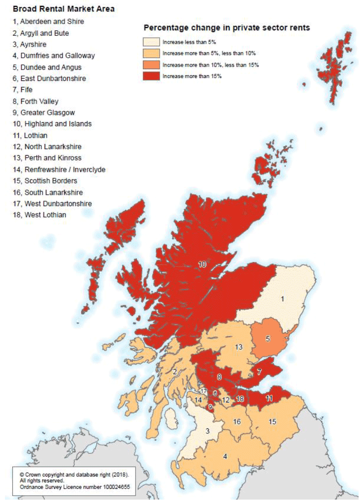 Figure B: Percentage change in average (mean) rents for 2 bedroom properties between 2010 and 2018