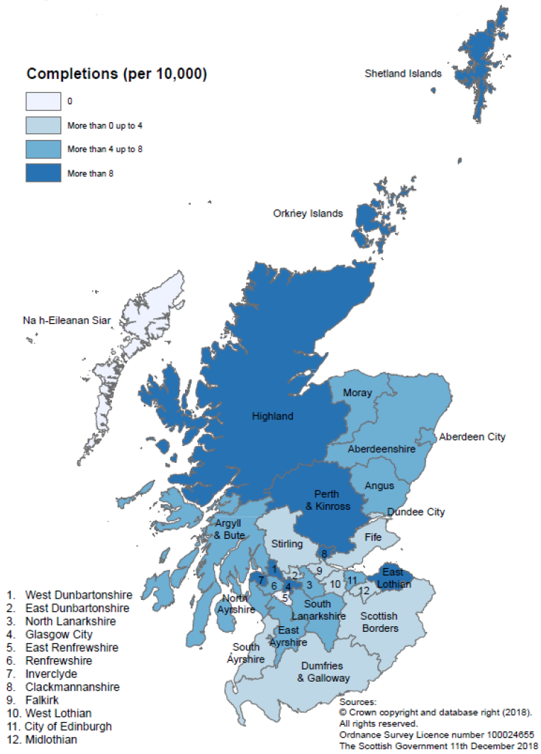 Map D: New build housing – Housing Association completions: rates per 10,000 population, year to end June 2018 Map D: New build housing – Housing Association completions: rates per 10,000 population, year to end June 2018