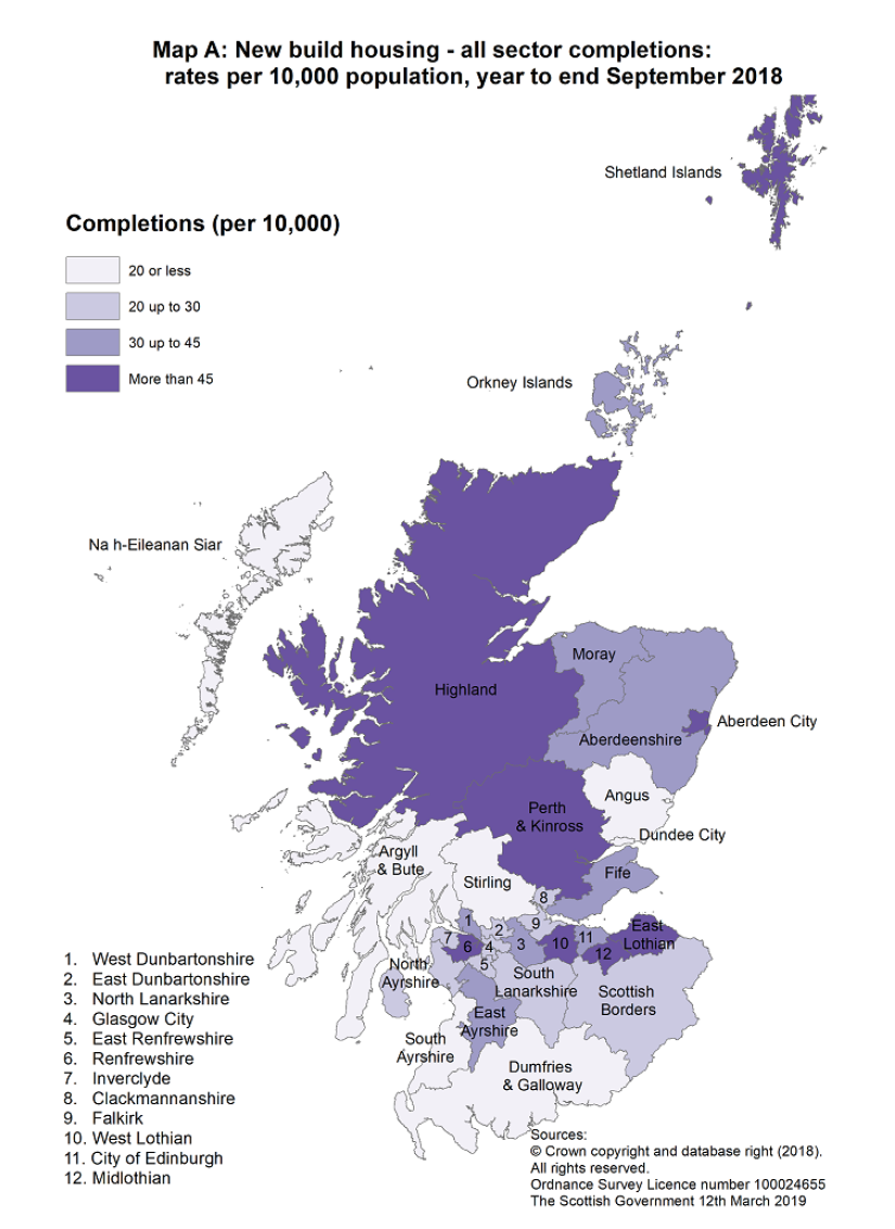 Map A: New build housing - all sector completions: rates per 10,000 population, year to end September 2018 Map A: New build housing - all sector completions: rates per 10,000 population, year to end September 2018