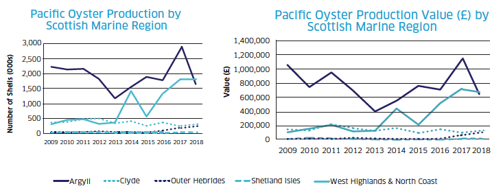 Pacific Oyster Production by Scottish Marine Region / Pacific Oyster Production Value (£) by Scottish Marine Region