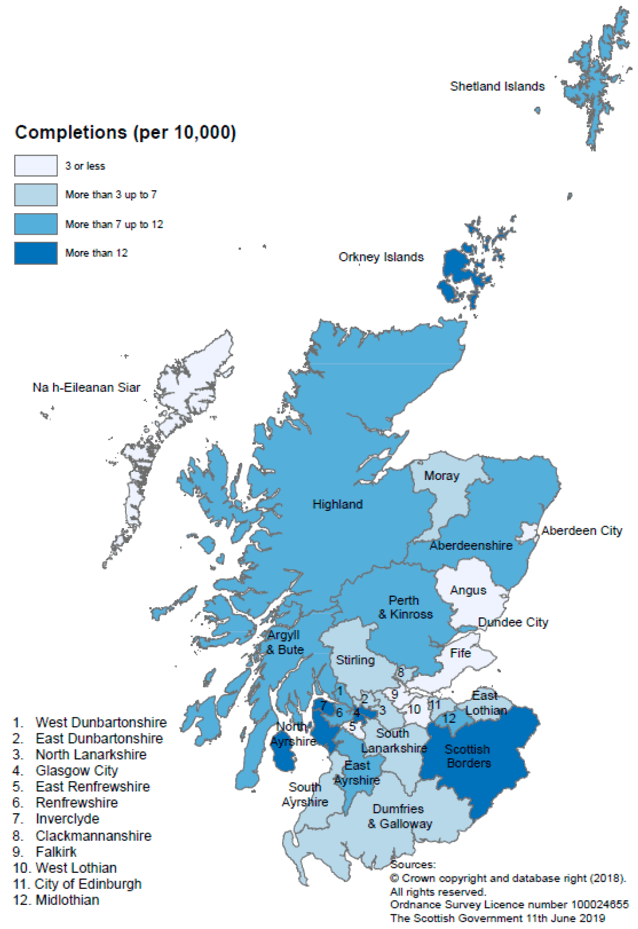 Map D: New build housing - Housing Association Secotr completions: rates per 10,000 population, year to end December 2018