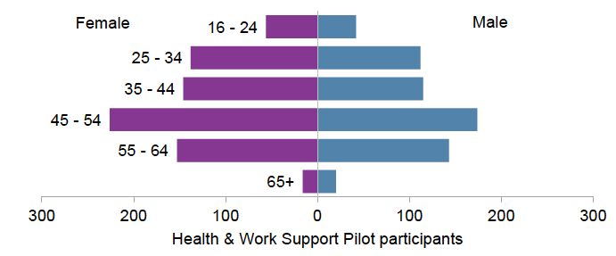 Figure 11: Age and gender of Health and Work Support enrolments, to end of June 2019