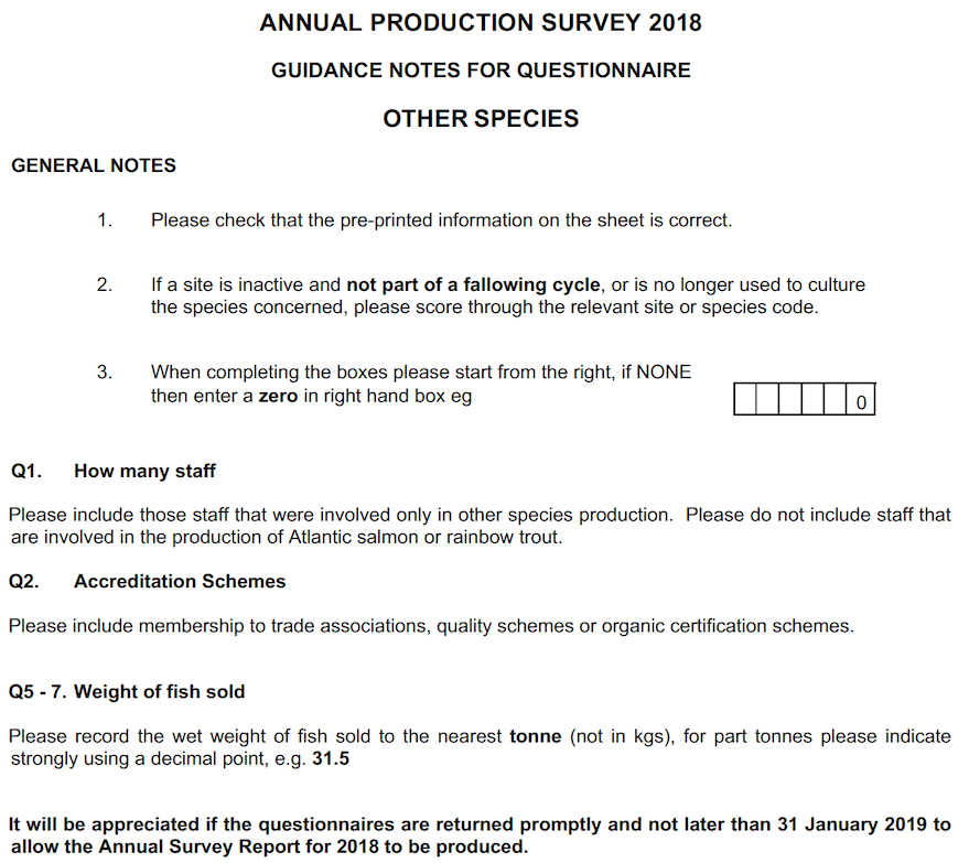 Annual Production Survey 2018 Guidance Notes For Questionnaire Other Species