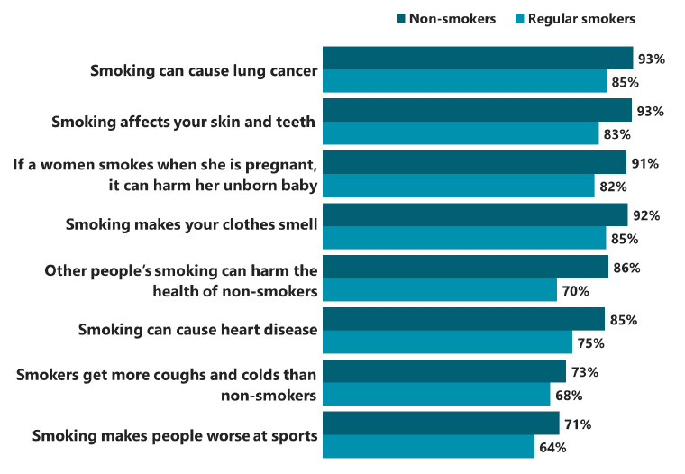 Figure 4.2: Proportion of 15 year olds who ‘strongly agree’ or ‘tend to agree’ with statements about the negative effects of smoking, by smoking status (2018)