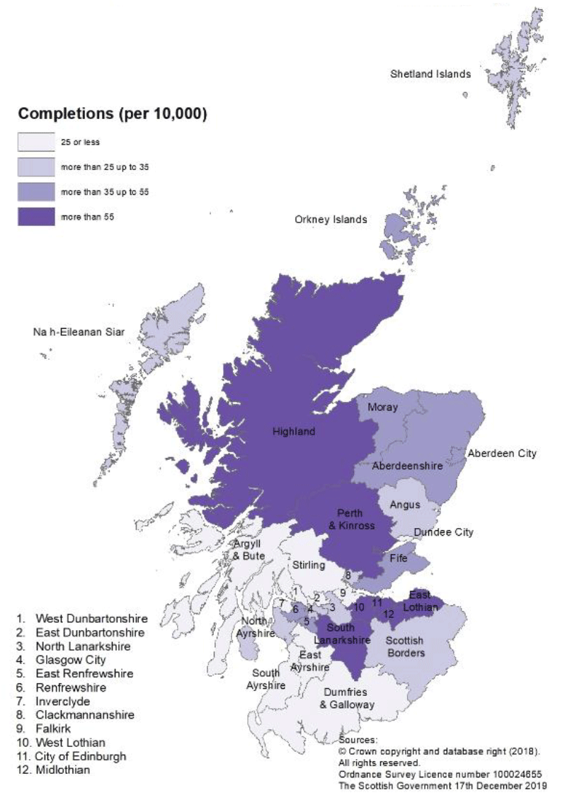 Map A: New build housing - All sector completions: rates per 10,000 population, year to end June 2019