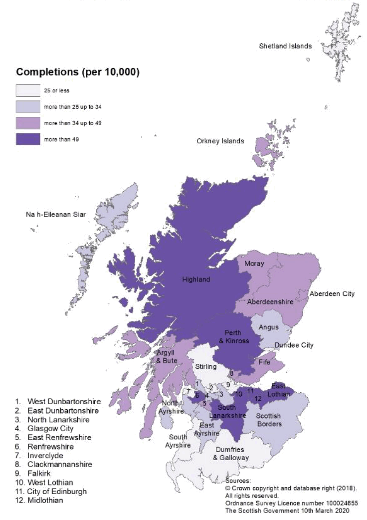 Map A: New build housing - All sector completions: 
rates per 10,000 population, year to end September 2019 
