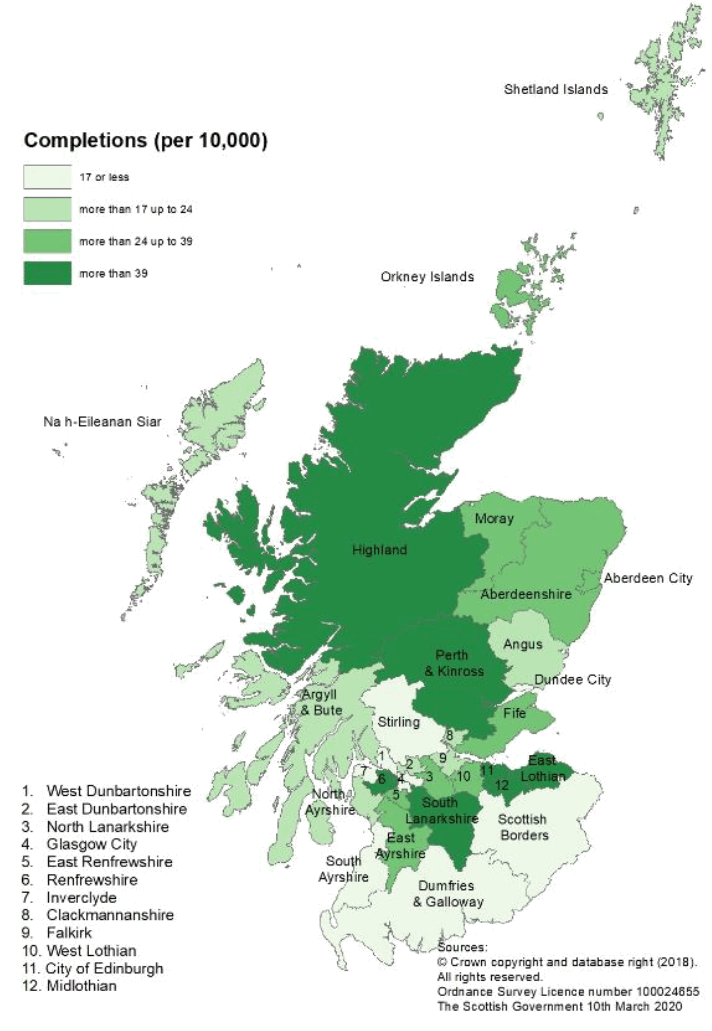 Map B: New build housing - Private Sector completions: rates per 10,000 population, year to end September 2019