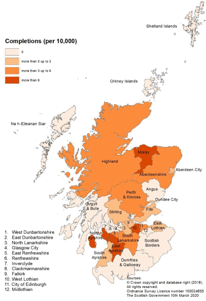 Map C: New build housing - Local Authority Sector completions: rates per 10,000 population, year to end September 2019