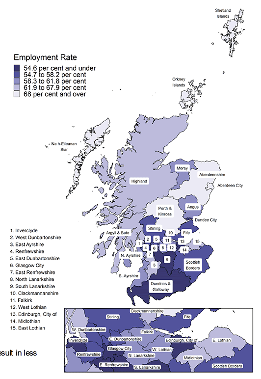 Figure 3: Employment Rate for ages 16 to 24 by Local Authority area, 2019