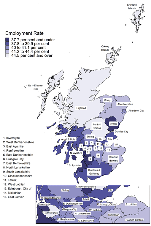 Figure 4: Employment Rate for ages 50 and over by Local Authority area, 2019