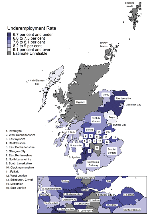 Figure 7: Underemployment Rate for ages 16 and over by Local Authority area, 2019