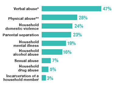 Graph to show percentages of different abuses categories and to show verbal abuse was the most common ACE reported, experienced by just under half of all adults.