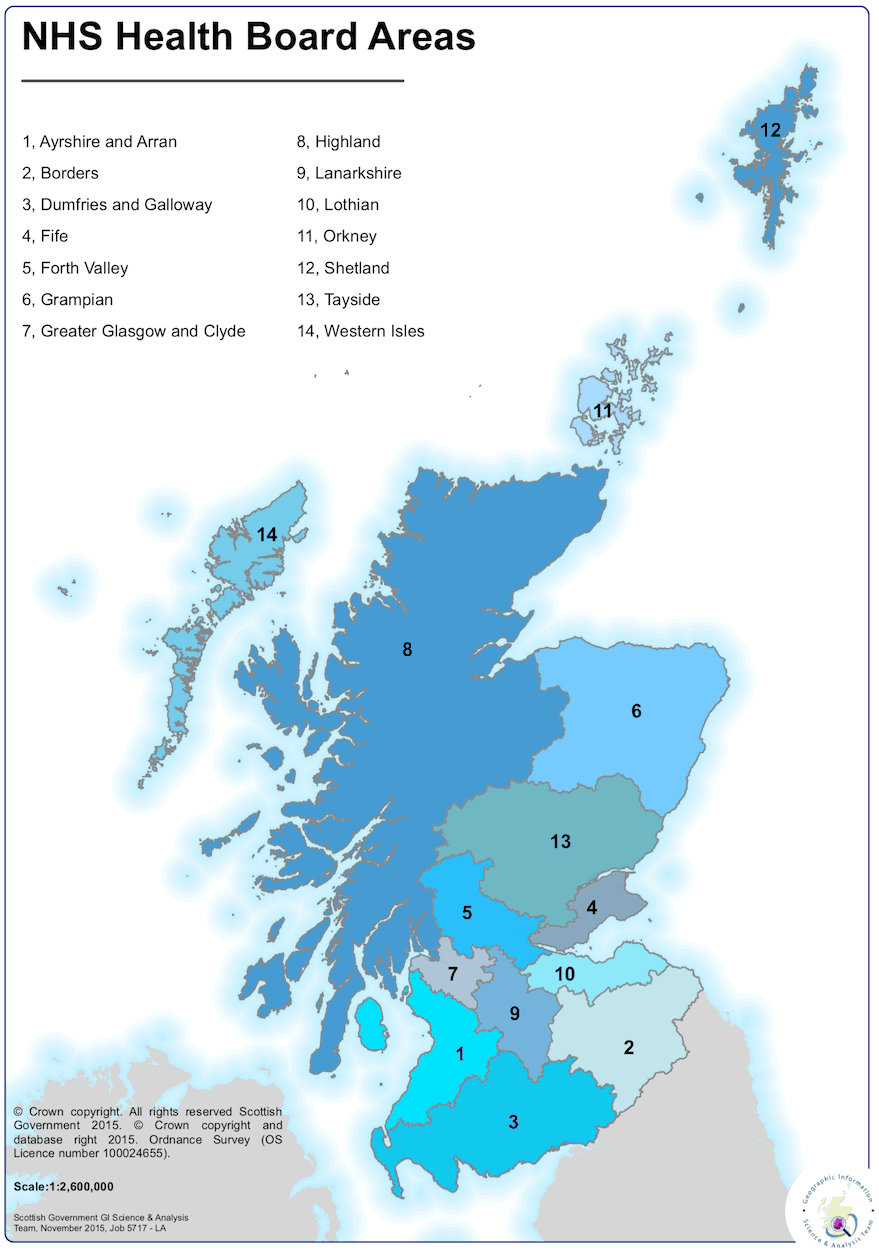 NHS Health Board Areas map: 1 Ayshire and Arran, 2 Borders, 3 Dumfries and Galloway, 4 Fife, 5 Forth Valley, 6 Grampian, 7 Greater Glasgow and Clyde, 8 Highland, 9 Lanarkshire, 10 Lothian, 11 Orkney, 12 Shetland, 13 Tayside, 14 Western Isles