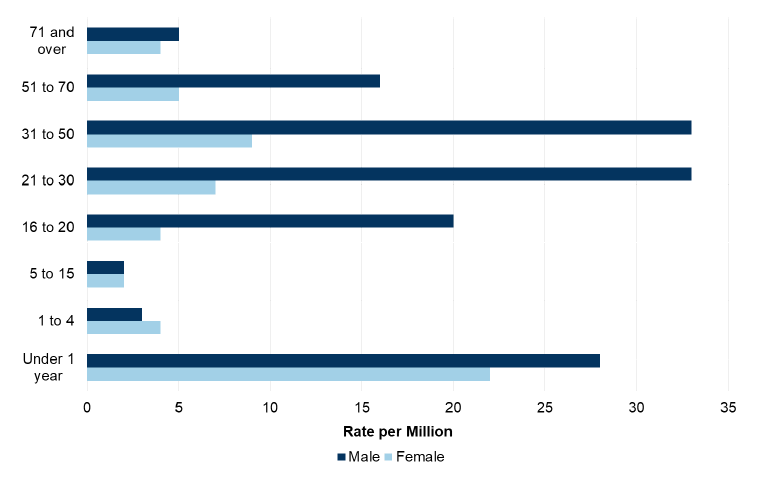 Bar chart showing the age and gender profile of homicide victimization rate, showing that the highest rates occur in the 31 – 50 and 21 – 30 age groups.