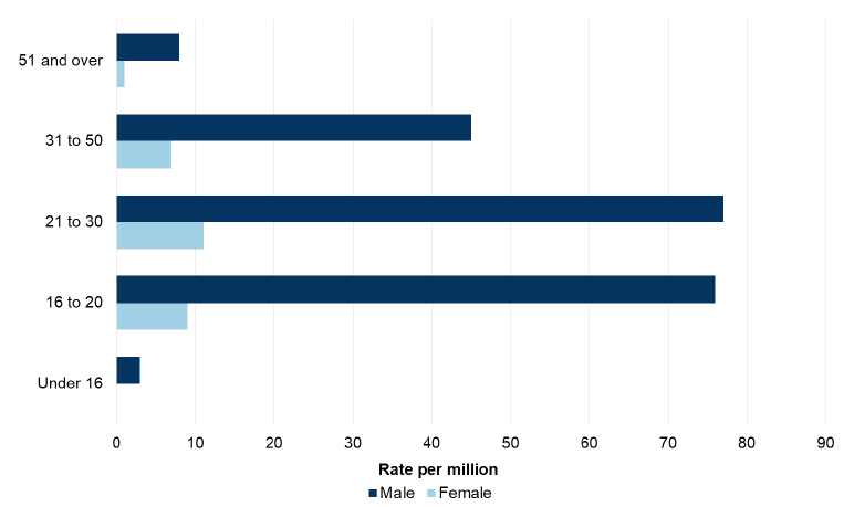 Bar chart showing the age and gender profile of persons accused of homicide per million population, showing that the highest rates occur in the 31 – 50 and 21 – 30 age groups.