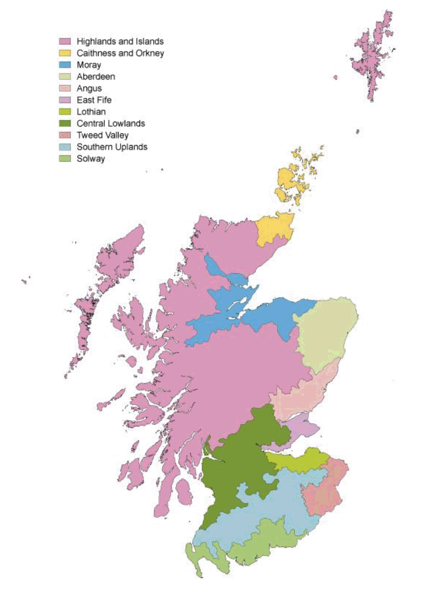 Figure 25: Map of Scotland showing locations of the eleven land use regions sampled.