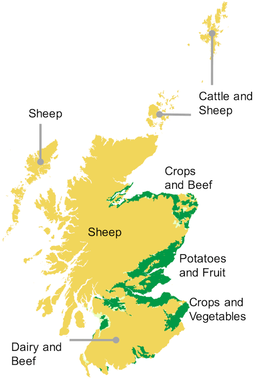 A map showing land quality in Scotland. Most land has limited growing conditions.
