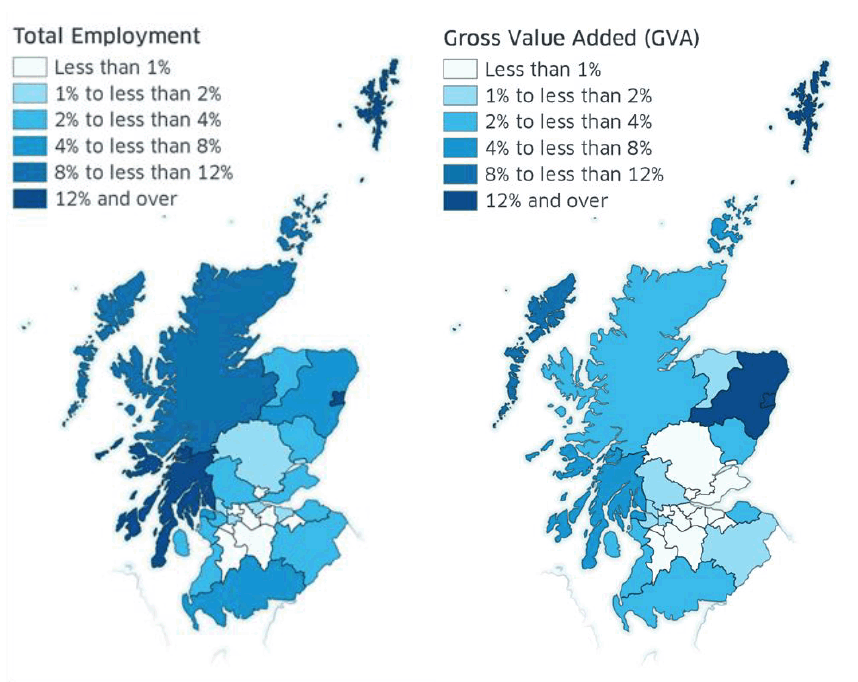 Figure 4 – Two maps. The one on the left shows the percentage of overall employment accounted for by the marine sector by local authority in 2018. The one on the right shows the percentage of overall GVA accounted for by the marine sector by local authority in 2018