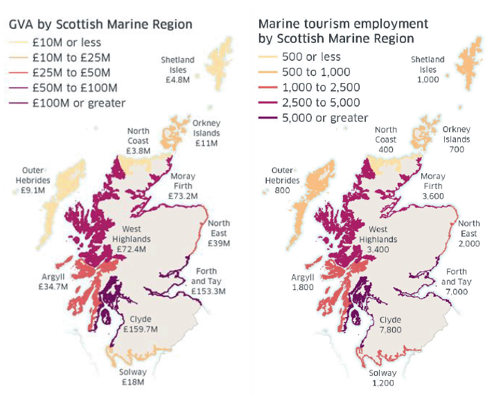 Figure 19 - Two maps. The one on the left shows GVA for the marine tourism sector by Scottish Marine Region in 2018. The one on the right shows employment in the marine tourism sector by Scottish Marine Region in 2018.