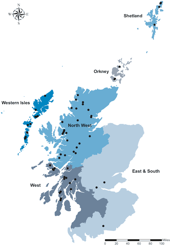 The map is split into 6 areas: Shetland, Orkney, North West, East & South, West and Western Isles and has black dots showing where each site is on the map.