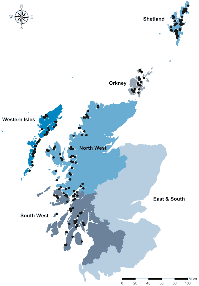 The map is split into 6 areas: Shetland, Orkney, North West, East and South, West and Western Isles and has black dots showing where each site is on the map.