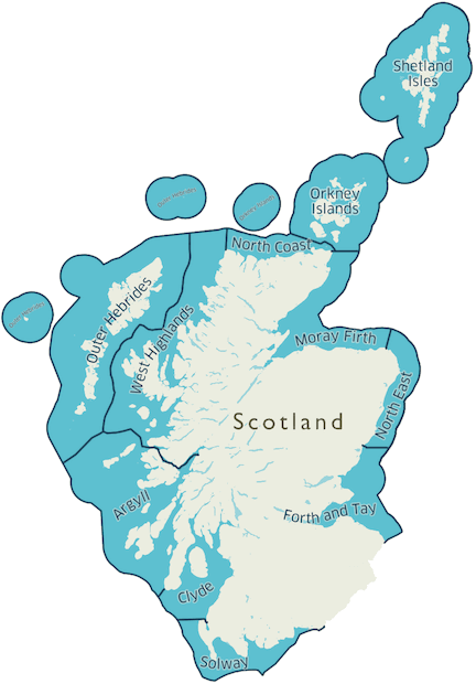 The map is split into 11 areas around the coastline: Shetland Isles, Orkney Isles, North Coast, Moray Firth, West Highlands, North East, Forth and Tay, Argyll, Clyde and Solway.