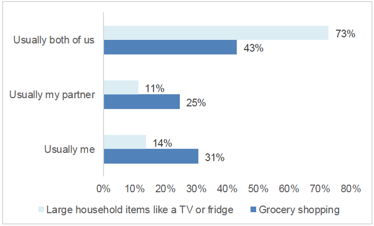 Bar chart of who usually makes decisions on how much to spend on regular grocery shopping and large household items. Decisions for large household items are more often taken by both partners.