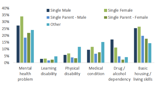 Bar chart showing proportion of households with different support needs by gender and household type