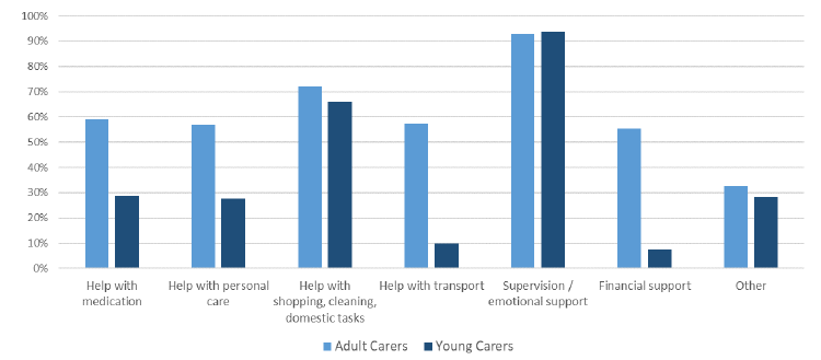 Young carers were less likely to provide financial support or help with transport than adult carers