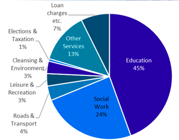 Pie chart showing the proportions distributed in each broad service area