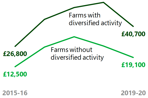 A chart shows the Farm Business Income of farms with diversified activity and those without over the last five years.
