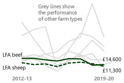 A chart shows the Farm Business Income of LFA sheep and LFA beef farms each year since 2012 to 2013.
