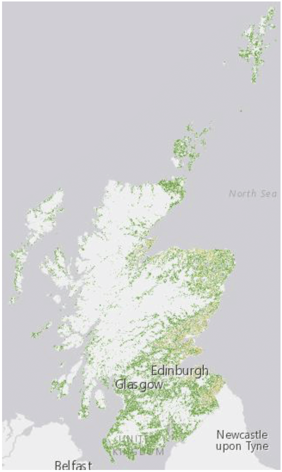 A map of Scotland with different colours for different crop types and grassland.