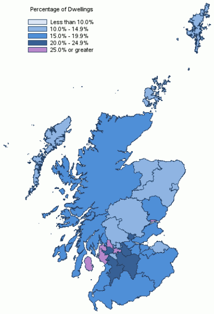 Map showing proportion of chargeable dwellings in receipt of CTR by local authority, March 2021
